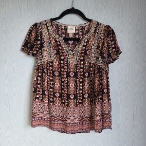 Knox Rose XS Top Boho Peasant Short Sleeve Hippie Embroidered Gauze Cottage